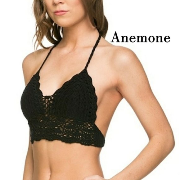 Boho Black Crochet Anemone Black Crop Halter Top. New ~ One Size! - Picture 7 of 7